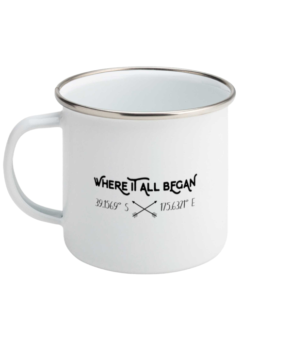 Where It All Began Coordinates Enamel Mug Front