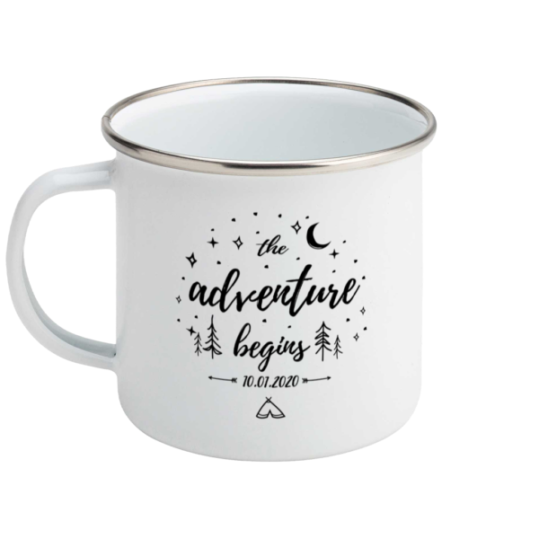 The Adventure Begins Personalised Date Enamel Mug Front