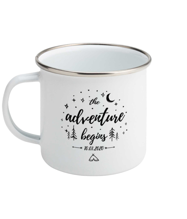 The Adventure Begins Personalised Date Enamel Mug Front