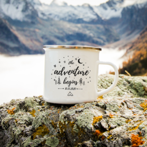 The Adventure Begins Personalised Enamel Camping Mug