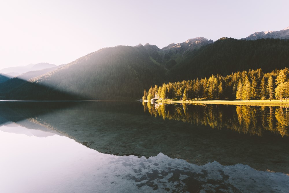 Lake And Trees With Mountain Backdrop