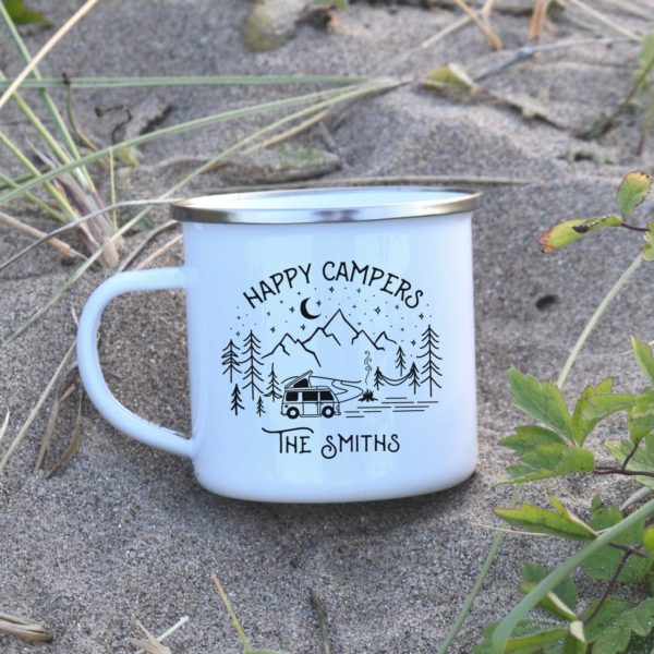 Happy Campers Personalised Campervan Family Camping Enamel Mug