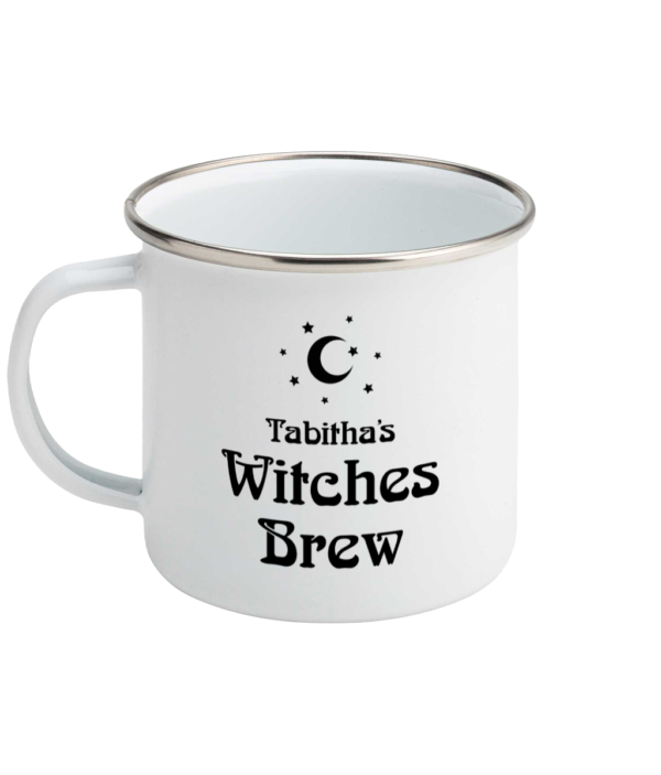 Enamel Mug for Tea or Coffee Witches Brew White 8cm