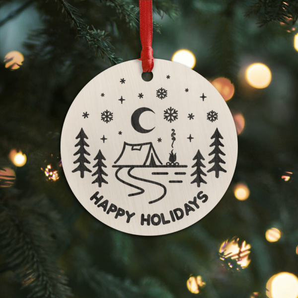 Personalised Camping Hanging Ornament Happy Holidays