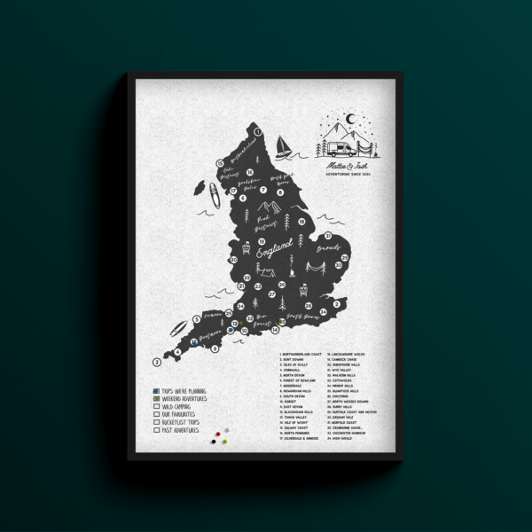 England Personalised Campervan Push Pin Travel Map