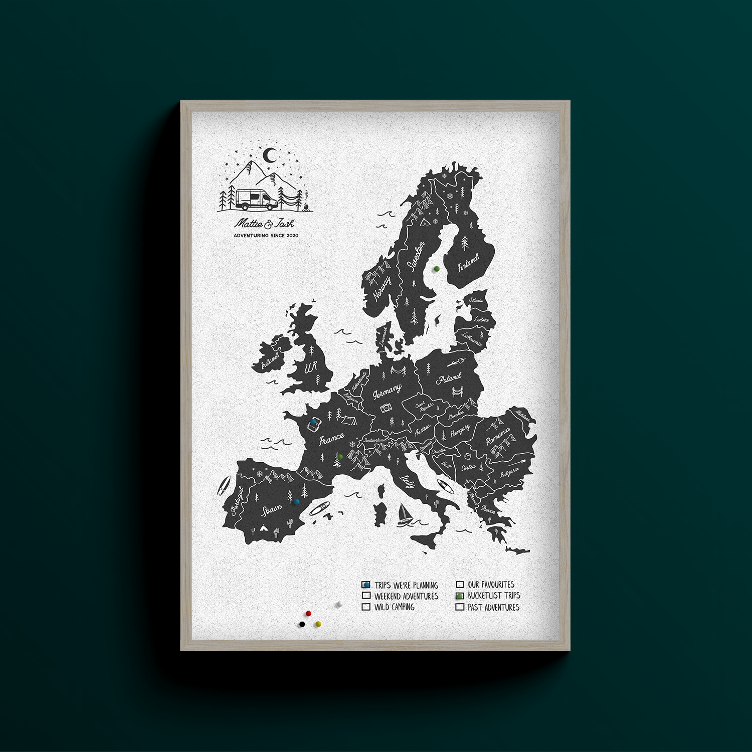 Europe Personalised Van Life Push Pin Travel Map